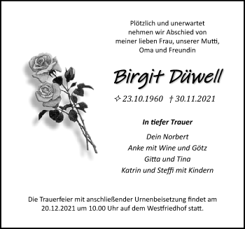 Traueranzeige von Birgit Düwell von Ostsee-Zeitung GmbH