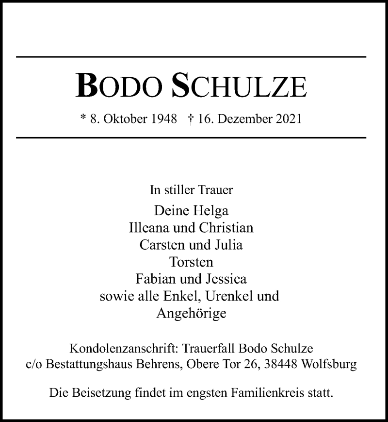  Traueranzeige für Bodo Schulze vom 18.12.2021 aus Aller Zeitung