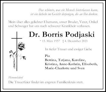 Traueranzeige von Borris Podjaski von Lübecker Nachrichten