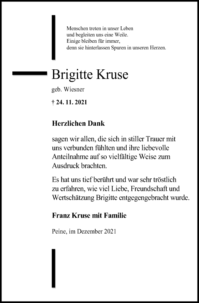  Traueranzeige für Brigitte Kruse vom 24.12.2021 aus Peiner Allgemeine Zeitung