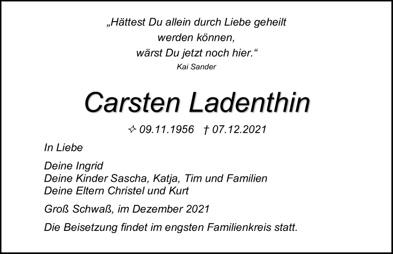  Traueranzeige für Carsten Ladenthin vom 18.12.2021 aus Ostsee-Zeitung GmbH