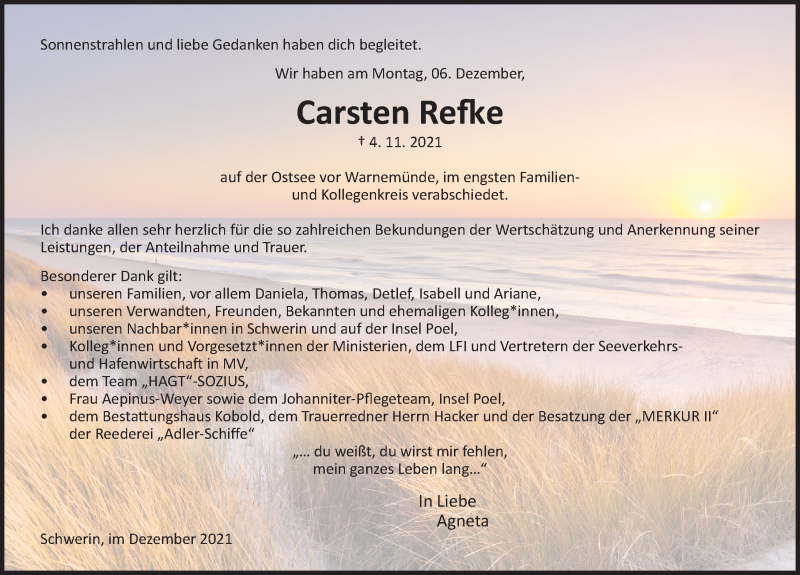  Traueranzeige für Carsten Refke vom 11.12.2021 aus Ostsee-Zeitung GmbH