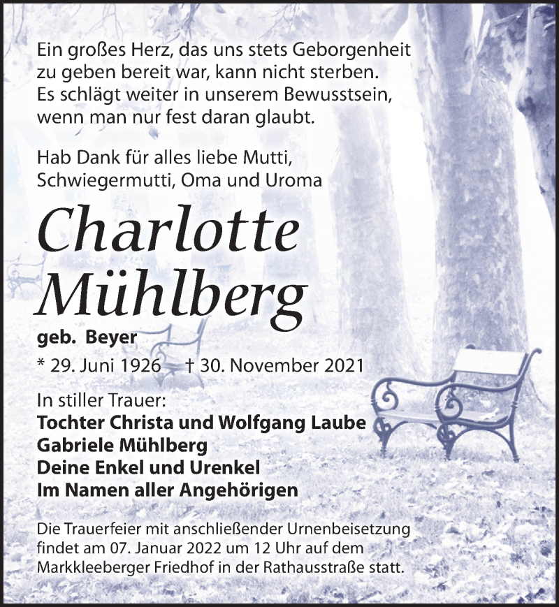  Traueranzeige für Charlotte Mühlberg vom 11.12.2021 aus Leipziger Volkszeitung