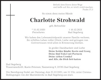 Traueranzeige von Charlotte Strohwald von Kieler Nachrichten