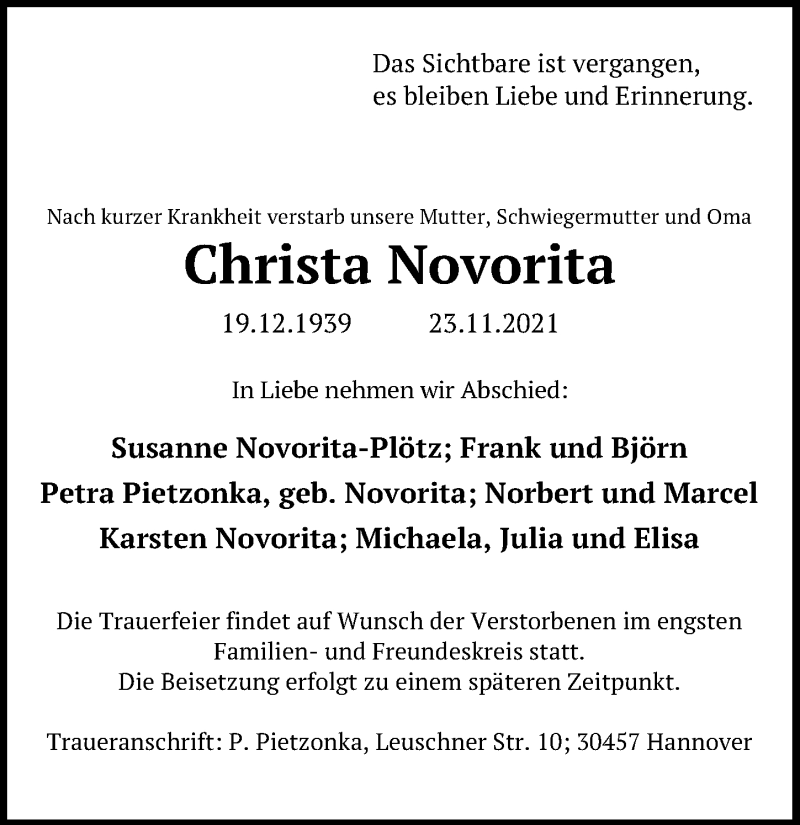  Traueranzeige für Christa Novorita vom 04.12.2021 aus Hannoversche Allgemeine Zeitung/Neue Presse