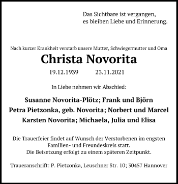 Traueranzeige von Christa Novorita von Hannoversche Allgemeine Zeitung/Neue Presse