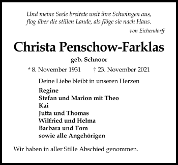 Traueranzeige von Christa Penschow-Farklas von Lübecker Nachrichten