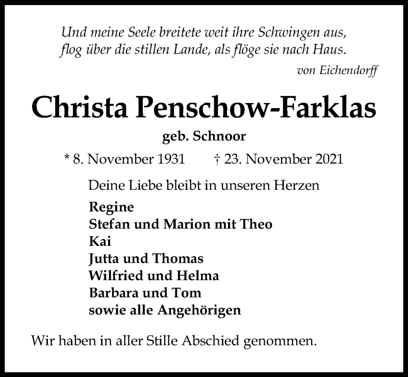  Traueranzeige für Christa Penschow-Farklas vom 05.12.2021 aus Lübecker Nachrichten
