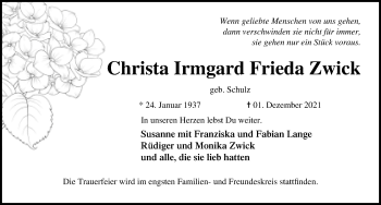 Traueranzeige von Christa Irmgard Frieda Zwick von Lübecker Nachrichten