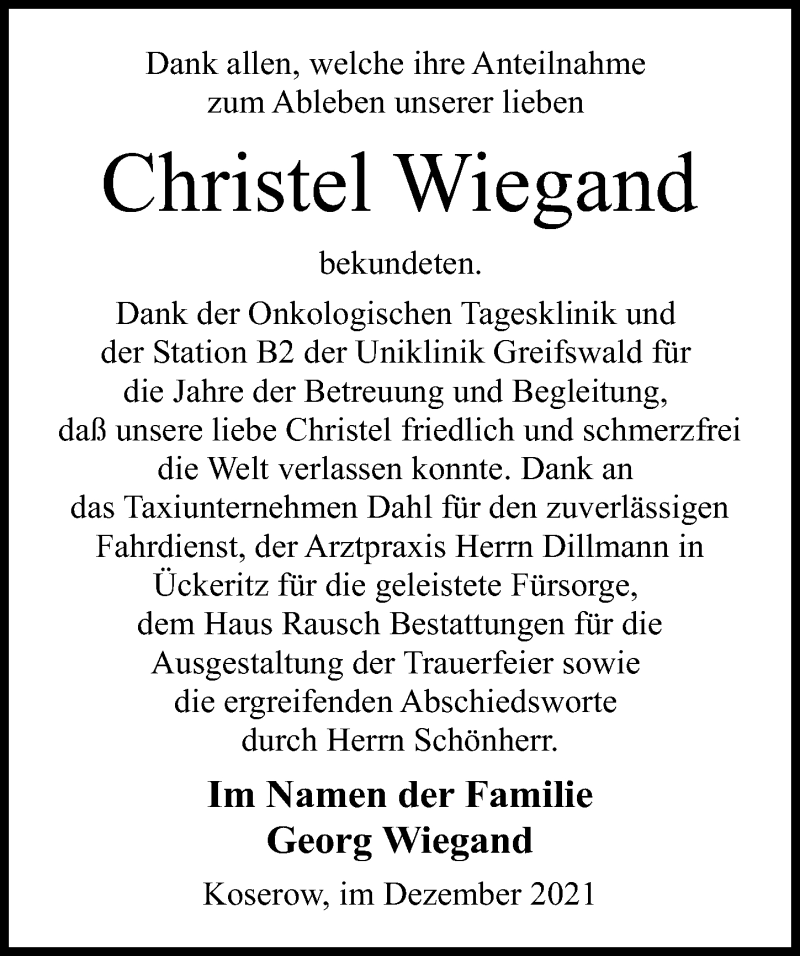 Traueranzeigen von Christel Wiegand | trauer-anzeigen.de