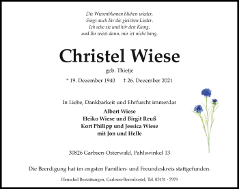 Traueranzeige von Christel Wiese von Hannoversche Allgemeine Zeitung/Neue Presse