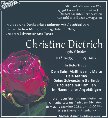 Traueranzeige von Christine Dietrich von Leipziger Volkszeitung