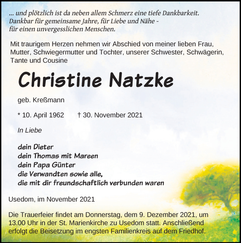  Traueranzeige für Christine Natzke vom 04.12.2021 aus Ostsee-Zeitung GmbH