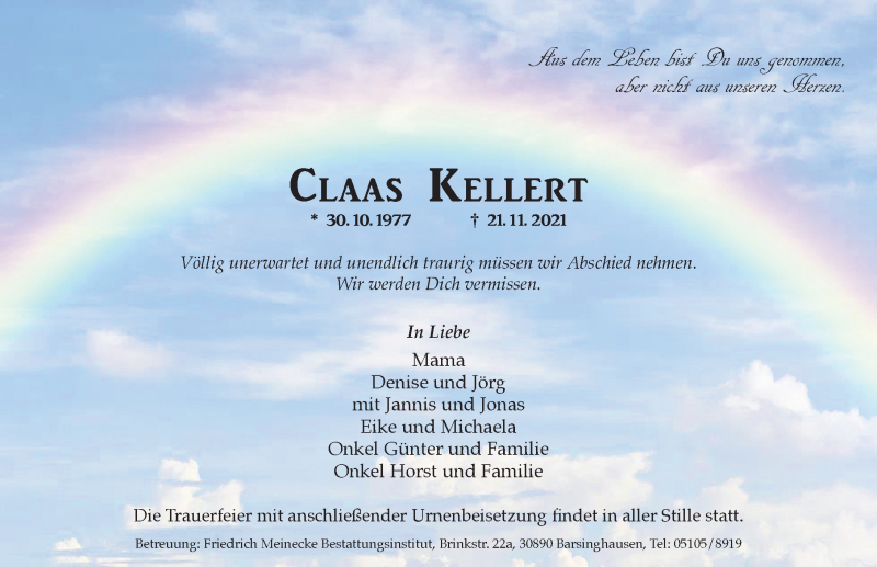  Traueranzeige für Claas Kellert vom 04.12.2021 aus Hannoversche Allgemeine Zeitung/Neue Presse