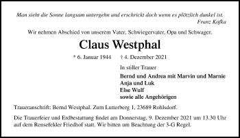 Traueranzeige von Claus Westphal von Lübecker Nachrichten