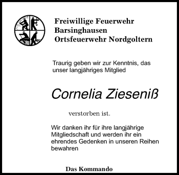 Traueranzeige von Cornelia Zieseniß von Hannoversche Allgemeine Zeitung/Neue Presse