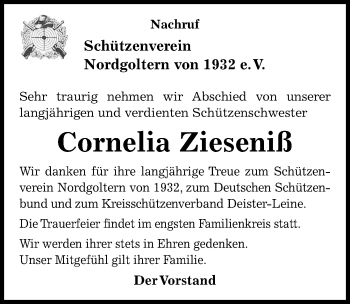 Traueranzeige von Cornelia Zieseniß von Hannoversche Allgemeine Zeitung/Neue Presse