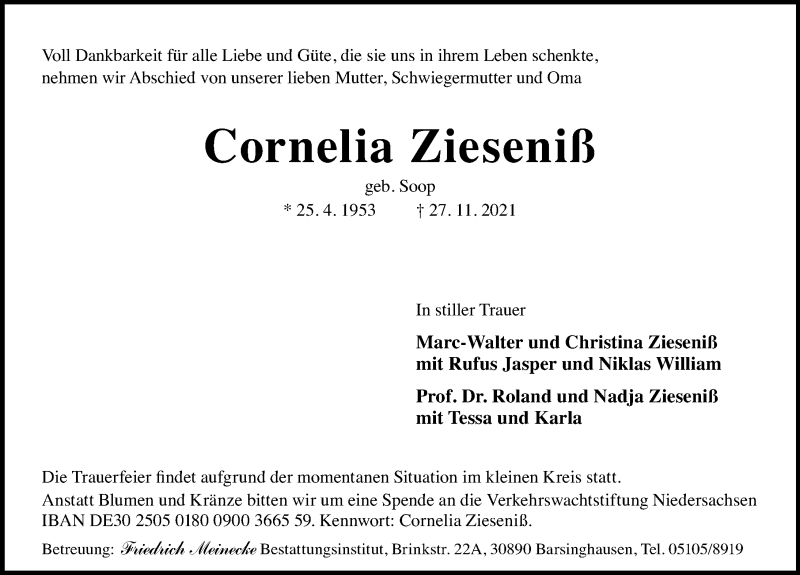  Traueranzeige für Cornelia Zieseniß vom 01.12.2021 aus Hannoversche Allgemeine Zeitung/Neue Presse