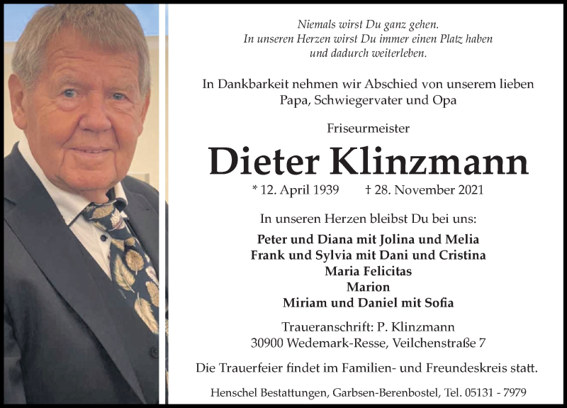  Traueranzeige für Dieter Klinzmann vom 01.12.2021 aus Hannoversche Allgemeine Zeitung/Neue Presse
