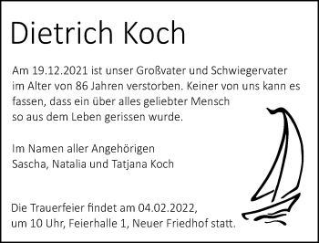 Traueranzeige von Dietrich Koch von Ostsee-Zeitung GmbH