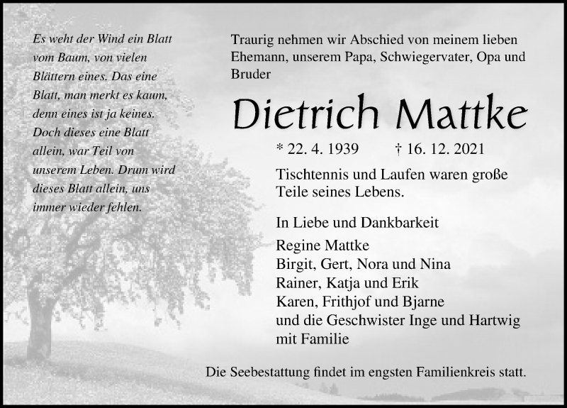  Traueranzeige für Dietrich Mattke vom 24.12.2021 aus Ostsee-Zeitung GmbH