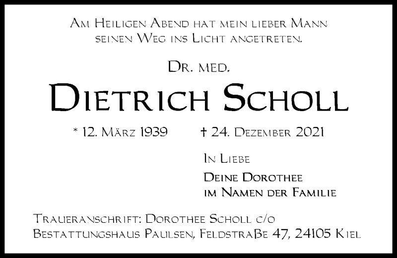  Traueranzeige für Dietrich Scholl vom 31.12.2021 aus Kieler Nachrichten