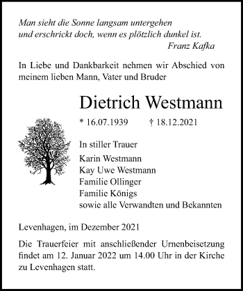 Traueranzeige von Dietrich Westmann von Ostsee-Zeitung GmbH