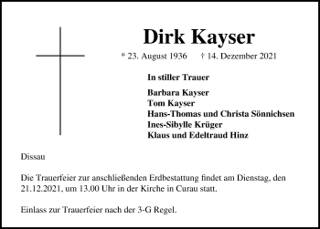 Traueranzeige von Dirk Kayser von Lübecker Nachrichten