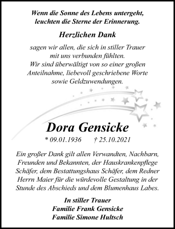 Traueranzeige von Dora Gensicke von Märkischen Allgemeine Zeitung