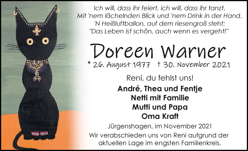 Traueranzeige für Doreen Warner vom 11.12.2021 aus Ostsee-Zeitung GmbH