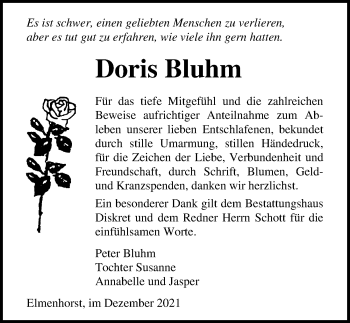 Traueranzeige von Doris Bluhm von Ostsee-Zeitung GmbH