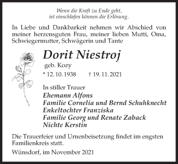 Traueranzeige von Dorit Niestroj von Märkischen Allgemeine Zeitung