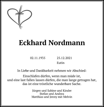 Traueranzeige von Eckhard Nordmann von Kieler Nachrichten