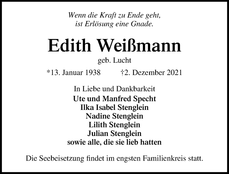  Traueranzeige für Edith Weißmann vom 12.12.2021 aus Lübecker Nachrichten