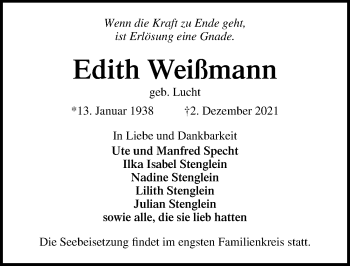 Traueranzeige von Edith Weißmann von Lübecker Nachrichten