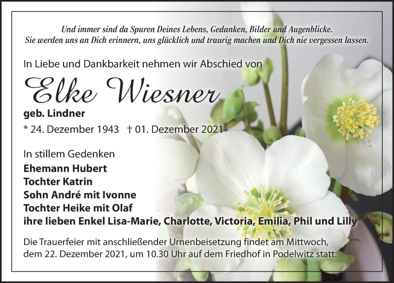  Traueranzeige für Elke Wiesner vom 11.12.2021 aus Leipziger Volkszeitung