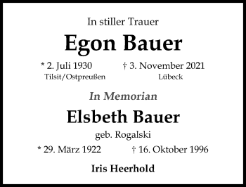 Traueranzeige von Elsbeth Bauer von Lübecker Nachrichten