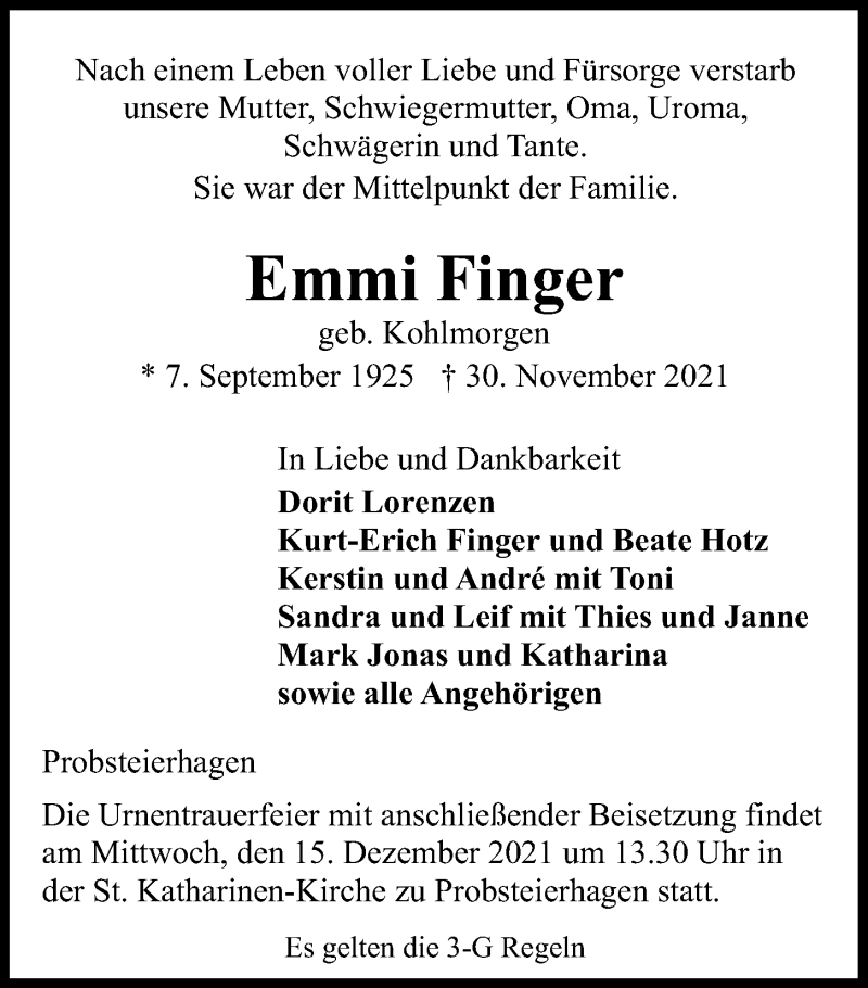 Traueranzeige für Emmi Finger vom 11.12.2021 aus Kieler Nachrichten