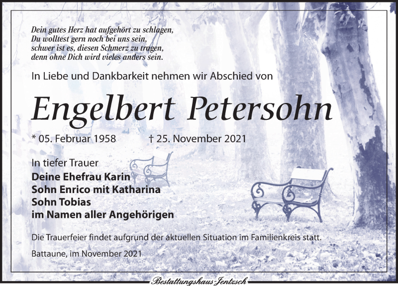  Traueranzeige für Engelbert Petersohn vom 04.12.2021 aus Leipziger Volkszeitung