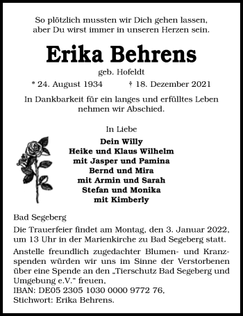 Traueranzeige von Erika Behrens von Kieler Nachrichten