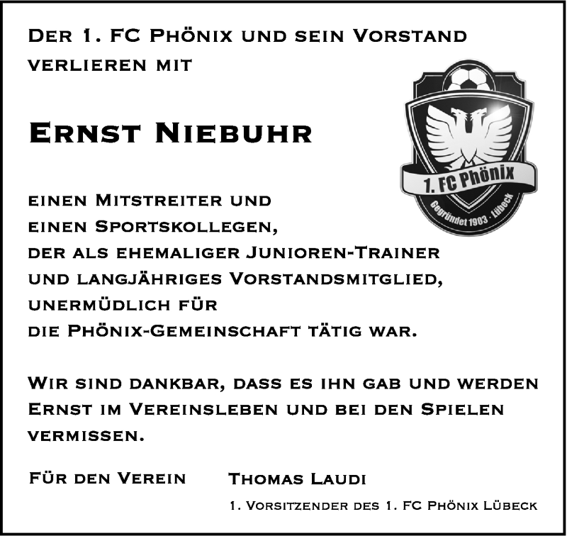  Traueranzeige für Ernst Niebuhr vom 01.12.2021 aus Lübecker Nachrichten