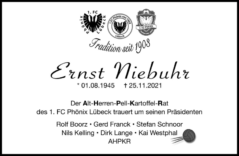  Traueranzeige für Ernst Niebuhr vom 01.12.2021 aus Lübecker Nachrichten