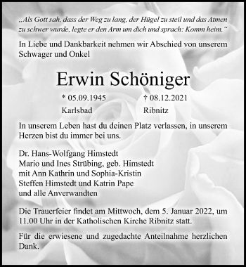 Traueranzeige von Erwin Schöniger von Ostsee-Zeitung GmbH