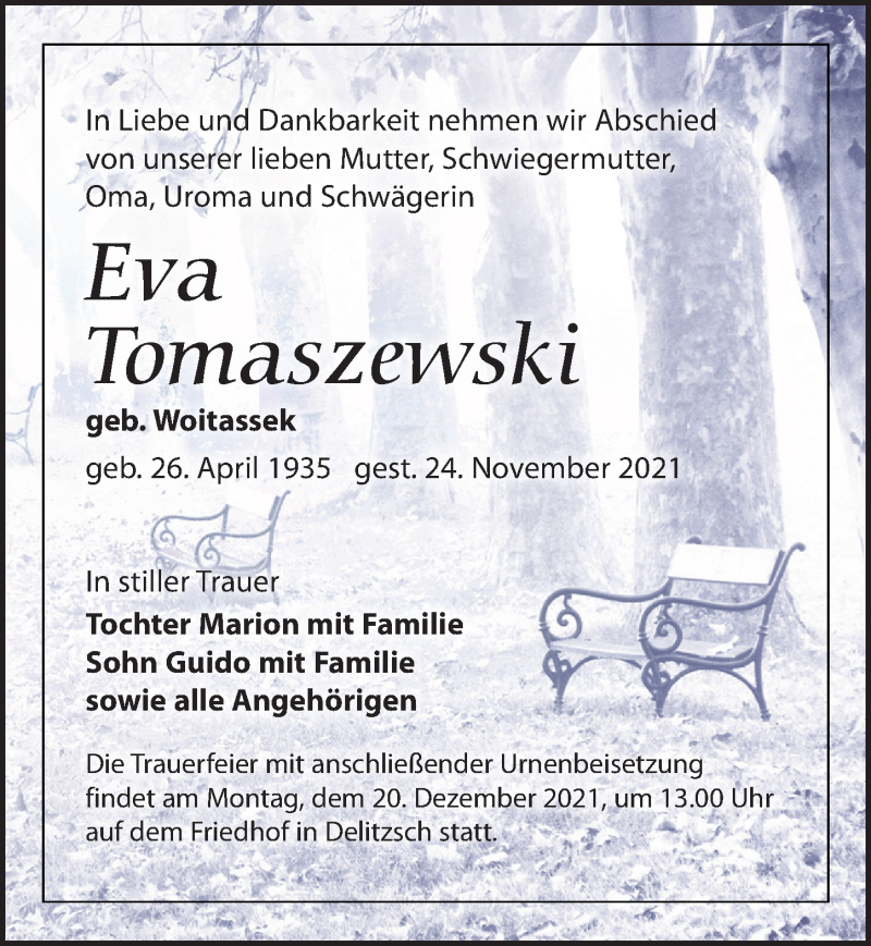  Traueranzeige für Eva Tomaszewski vom 11.12.2021 aus Leipziger Volkszeitung