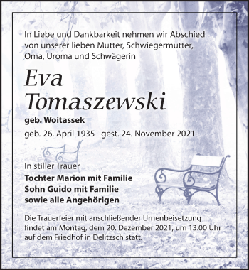 Traueranzeige von Eva Tomaszewski von Leipziger Volkszeitung