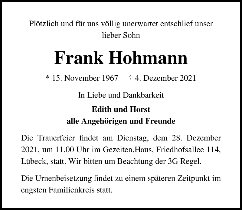  Traueranzeige für Frank Hohmann vom 12.12.2021 aus Lübecker Nachrichten