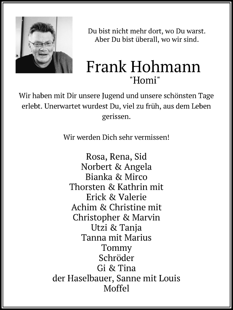  Traueranzeige für Frank Hohmann vom 12.12.2021 aus Lübecker Nachrichten