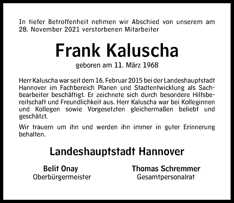  Traueranzeige für Frank Kaluscha vom 17.12.2021 aus Hannoversche Allgemeine Zeitung/Neue Presse