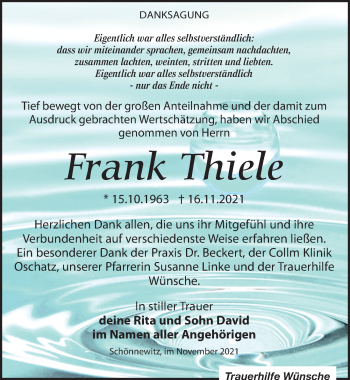 Traueranzeige von Frank Thiele von Leipziger Volkszeitung