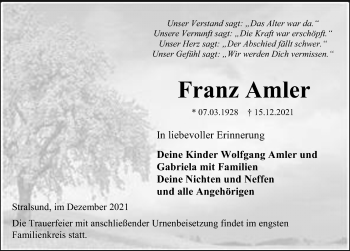 Traueranzeige von Franz Amler von Ostsee-Zeitung GmbH